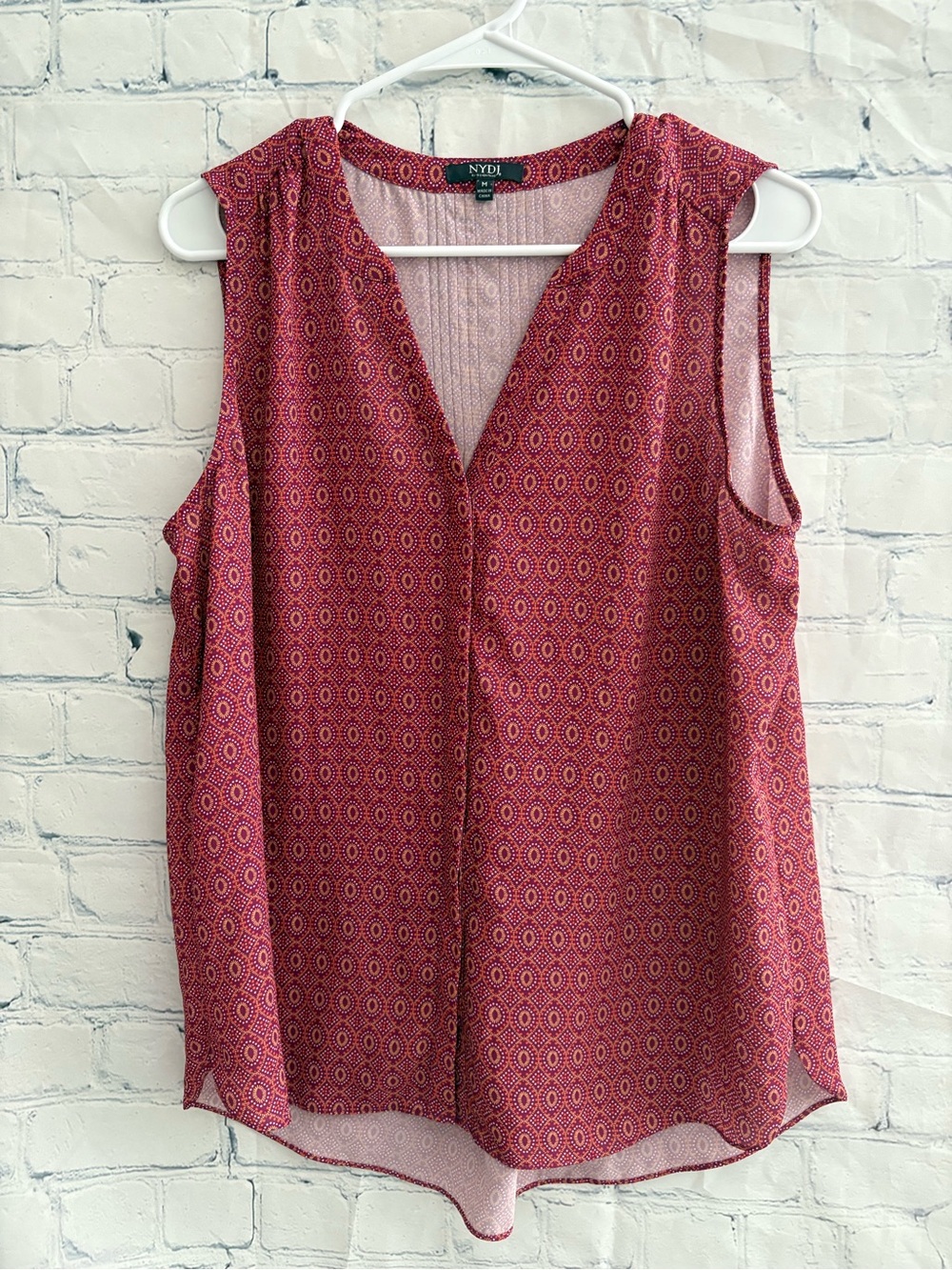 NYDJ Sleeveless Button Down Blouse Pink w/ yellow orange white dot print size M